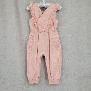 Habitual Girl Peach Cotton Eyelet Smocked Jumpsuit Sleeveless Ruffled Shoulder